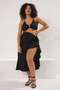 Trendyol Curve Black Skirt Ucu Frilly LONG Plus Size Pareo