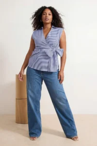 Trendyol Curve Mavi Striped Double breasted Binding Detailed Weaving Plus Size Blouse