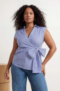 Trendyol Curve Mavi Striped Double breasted Binding Detailed Weaving Plus Size Blouse - Image 3