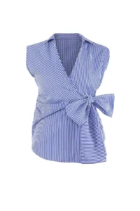 Trendyol Curve Mavi Striped Double breasted Binding Detailed Weaving Plus Size Blouse - Image 4
