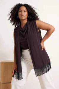 Trendyol Curve Brown Satin Tasseled Shawl Detailed Sleeveless Weaving Plus Size Blouse - Image 2