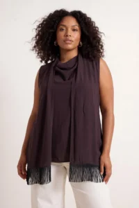 Trendyol Curve Brown Satin Tasseled Shawl Detailed Sleeveless Weaving Plus Size Blouse - Image 3