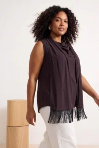 Trendyol Curve Brown Satin Tasseled Shawl Detailed Sleeveless Weaving Plus Size Blouse - Image 4