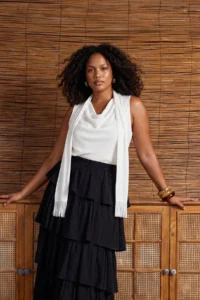 Trendyol Curve Ecru Satin Tasseled Shawl Detailed Sleeveless Weaving Plus Size Blouse - Image 2