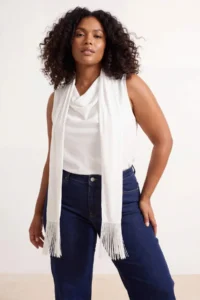 Trendyol Curve Ecru Satin Tasseled Shawl Detailed Sleeveless Weaving Plus Size Blouse - Image 3