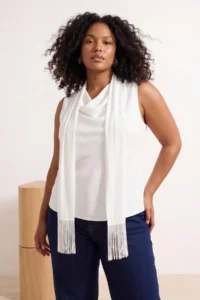 Trendyol Curve Ecru Satin Tasseled Shawl Detailed Sleeveless Weaving Plus Size Blouse - Image 4