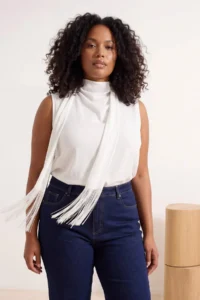 Trendyol Curve Ecru Satin Tasseled Shawl Detailed Sleeveless Weaving Plus Size Blouse - Image 5