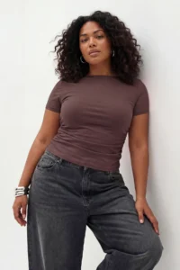 Trendyol Curve Brown Viscose Rib Side Shirred Knitting Plus Size Blouse