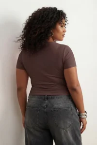Trendyol Curve Brown Viscose Rib Side Shirred Knitting Plus Size Blouse - Image 2