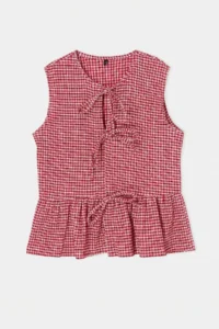 Trendyol Curve Red Crepe gingham Front tied up Knitting Plus Size Blouse - Image 5