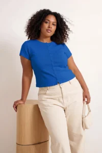 Trendyol Curve Mavi buttoned Rib Knitting Plus Size Blouse - Image 3