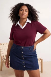 Trendyol Curve Plum Shirt Collar Detailed Flexible Knitting Plus Size Blouse - Image 2