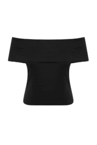 Trendyol Curve Black Carmen Collar Soft Touch Viscose Rib Knitting Plus Size Blouse - Image 4