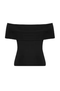 Trendyol Curve Black Carmen Collar Soft Touch Viscose Rib Knitting Plus Size Blouse - Image 6