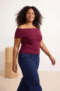 Trendyol Curve Burgundy Carmen Collar Soft Touch Viscose Rib Knitting Plus Size Blouse
