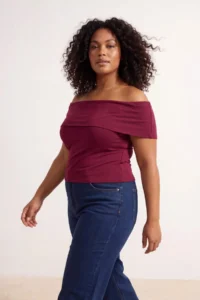 Trendyol Curve Burgundy Carmen Collar Soft Touch Viscose Rib Knitting Plus Size Blouse - Image 2