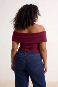 Trendyol Curve Burgundy Carmen Collar Soft Touch Viscose Rib Knitting Plus Size Blouse - Image 3