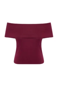 Trendyol Curve Burgundy Carmen Collar Soft Touch Viscose Rib Knitting Plus Size Blouse - Image 4