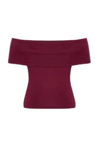 Trendyol Curve Burgundy Carmen Collar Soft Touch Viscose Rib Knitting Plus Size Blouse - Image 6