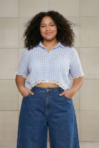 Trendyol Curve Teen Blue Voile Plaid/Checkered Transparan Weaving Plus Size Blouse