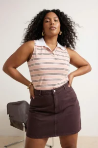 Trendyol Curve Pink Polo Shirt Collar Striped Sleeveless Knitting Plus Size Blouse