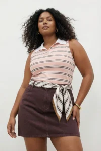 Trendyol Curve Pink Polo Shirt Collar Striped Sleeveless Knitting Plus Size Blouse - Image 2