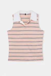 Trendyol Curve Pink Polo Shirt Collar Striped Sleeveless Knitting Plus Size Blouse - Image 4