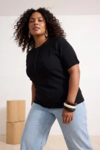 Trendyol Curve Black Short Sleeve Button Detailed Camisole Knitting Plus Size Blouse - Image 2