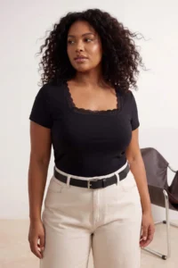 Trendyol Curve Black Lace Collar Detailed Short Sleeve Knitting Plus Size Blouse - Image 2