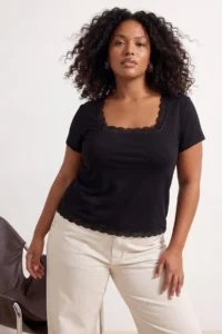 Trendyol Curve Black Lace Collar Detailed Short Sleeve Knitting Plus Size Blouse - Image 3