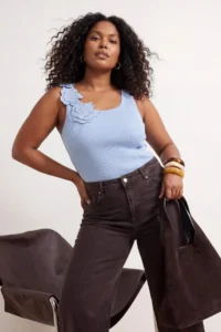 Trendyol Curve Light Blue Floral Detailed Fitted Knitwear Summer Thin Blouse