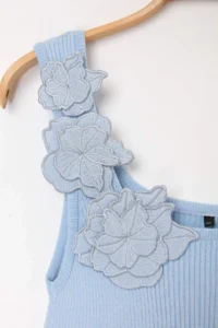 Trendyol Curve Light Blue Floral Detailed Fitted Knitwear Summer Thin Blouse - Image 5