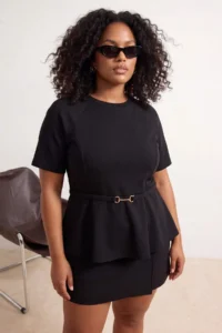 Trendyol Curve Black peplum Raglan Sleeve Short Sleeve Accessory Detailed interlock Knitting Blouse