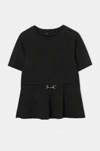 Trendyol Curve Black peplum Raglan Sleeve Short Sleeve Accessory Detailed interlock Knitting Blouse - Image 5