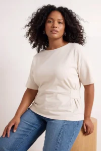 Trendyol Curve Ecru Fitted Boat Neck Drop Sleeve Short Sleeve interlock Knitting Blouse