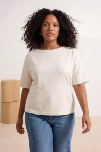 Trendyol Curve Ecru Fitted Boat Neck Drop Sleeve Short Sleeve interlock Knitting Blouse - Image 2