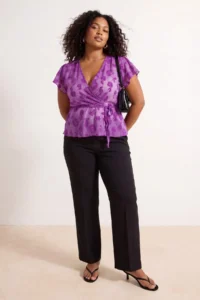 Trendyol Curve Purple Flok Printed Tulle Transparan Chic Knitting Plus Size Blouse - Image 2