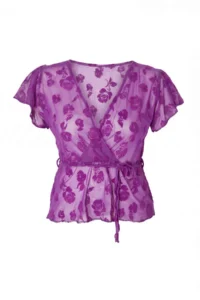 Trendyol Curve Purple Flok Printed Tulle Transparan Chic Knitting Plus Size Blouse - Image 4