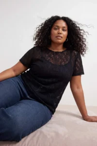 Trendyol Curve Black Lace Short Sleeve Knitting Plus Size Blouse