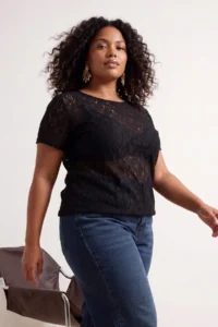 Trendyol Curve Black Lace Short Sleeve Knitting Plus Size Blouse - Image 2