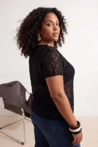 Trendyol Curve Black Lace Short Sleeve Knitting Plus Size Blouse - Image 3