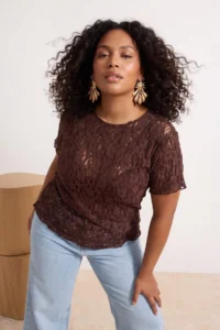 Trendyol Curve Brown Lace Short Sleeve Knitting Plus Size Blouse