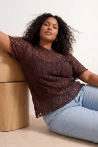 Trendyol Curve Brown Lace Short Sleeve Knitting Plus Size Blouse - Image 2