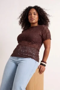 Trendyol Curve Brown Lace Short Sleeve Knitting Plus Size Blouse - Image 3