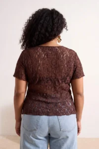 Trendyol Curve Brown Lace Short Sleeve Knitting Plus Size Blouse - Image 4