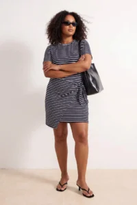 Trendyol Curve Navy Blue Striped Front Binding Detailed Mini Knitting Plus Size Dress
