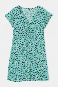 Trendyol Curve Mavi flower patterned Mini A-line V-neck Knitting Plus Size Dress
