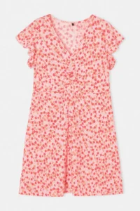 Trendyol Curve Pink Mini flower patterned A-line V-neck  Knitting Plus Size Dress - Image 4