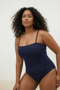 Trendyol Curve Saks Blue Strapless Removable Sleeveless Buoyant Silvery Plus Size Swimsuit - Image 2