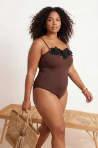 Trendyol Curve Brown Flower with accessories Strapless Thin Sleeveless Plus Size Swimsuit - Image 2